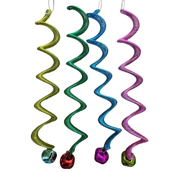 Feather Tree Bell Ornaments 4 Assort Colorful Bell Twist Metal Spring - Picture 1 of 6